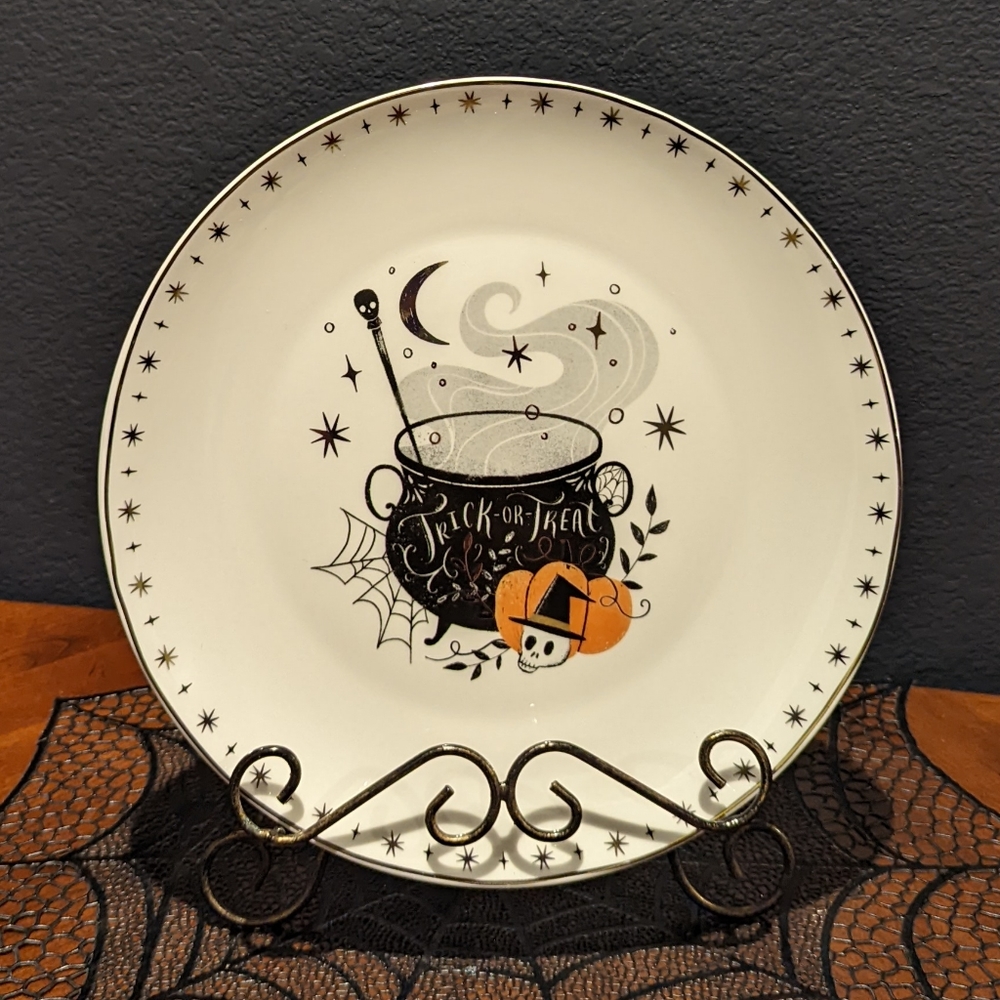 🆕 Trick Or Treat Magic Cauldron 4pc Dinner Plate Set 💀 Real Gold Finish